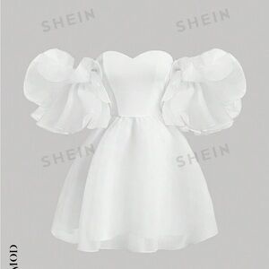 White Off Shoulder Puff Sleeves Dress